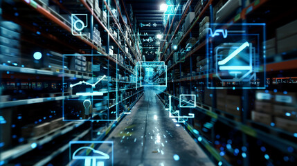 Futuristic warehouse with digital iconography for smart logistics and retail, 