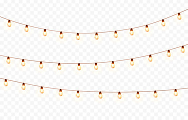 Lights bulbs isolated on transparent background. Glowing fairy Christmas garland strings. Vector New Year party led lamps decorations