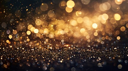 Christmas golden luxury abstract bokeh background. Gold blurred glitter lights and sparkles. Magic festive backdrop with copy space for greeting card, banner, poster for holiday, birthday, New Year