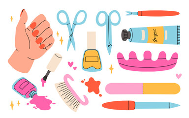 Female hands and Various manicure and pedicure accessories, equipment, tools. Nail scissors, nail file, nail polish, hand cream, brush etc. Hand drawn big colored vector set