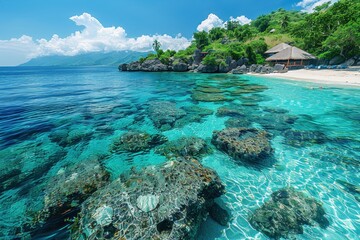 A tropical island with white sandy beaches, crystal-clear water, and colorful coral reefs visible through the water.