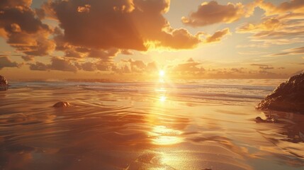 A golden sunset over a tranquil beach.