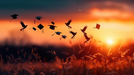 Fototapeta premium Minimalist style artwork of graduation symbols like caps flying in the air with a golden sunset behind, symbolizing achievement
