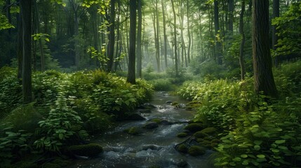 Fototapeta premium A lush green forest with a gentle stream.