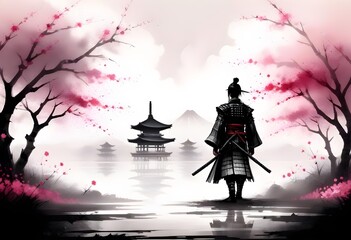 A lone samurai warrior standing in a misty landscape with a Japanese pagoda in the background, surrounded by blooming cherry blossom trees with red petals falling, classical japanese painting