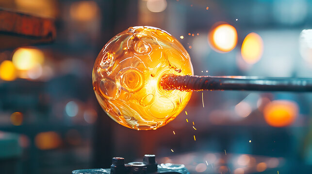 a close-up of glassblowing. In the photo, a glowing, molten glass blob is being shaped on the end of a metal blowpipe