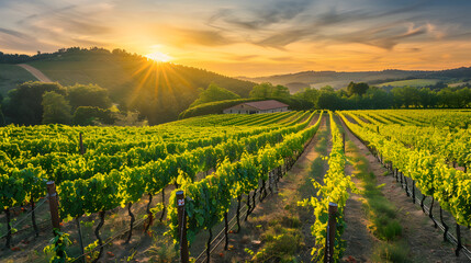 Scenic vineyard at sunset with rows of grapevines, a rustic winery, and a warm golden light, emphasizing agriculture and natural beauty.



