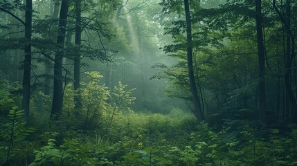 Obraz premium A lush green forest with a misty morning.