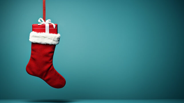 Red Christmas stocking filled with a wrapped gift. Christmas celabration background. 