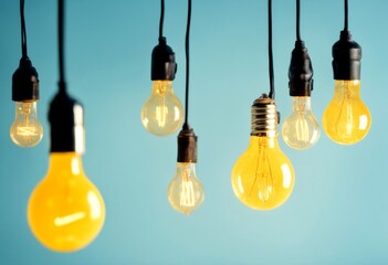 background different idea light one concept hanging bulbs top minimal flat lay glowing blue yellow pastel bulb leadership power lamp illuminated business