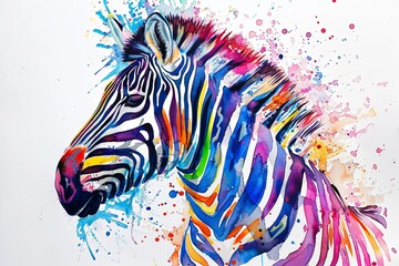 A watercolor painting of a zebras head with splashes of color
