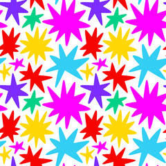 Abstract colorful geometric shape seamless pattern with colorful star doodles. Flat cartoon background, simple random shapes in bright party colors.	
