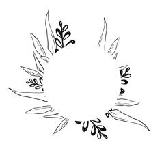 Wreath with ginger leaves and twigs with round leaves, black and white illustration