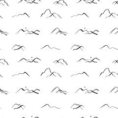 Abstract black and white hand drawn mountain landscape seamless pattern illustration. Vintage travel scenery environment background with sunset, outdoor drawing doodle wallpaper texture.	
