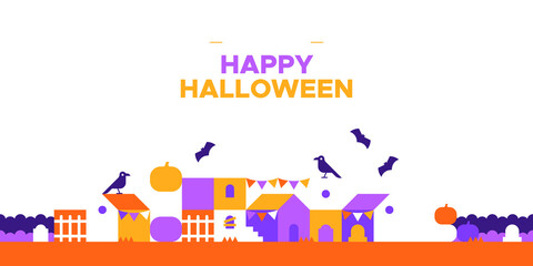 Happy halloween geometric mosaic web banner illustration. Modern flat october holiday cartoon house background, fun trick or treat party online invitation. Spooky internet event template.	
