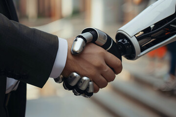 Business handshake between a robot and a human partner, symbolizing collaboration and partnership in a modern technological setting.