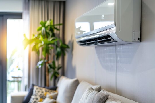 Stylish living room with a wall-mounted air conditioner, comfortable sofa, and indoor plants, highlighting modern interior design elements.