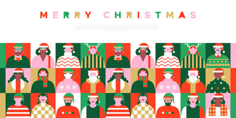 Diverse christmas people web template illustration. Colorful xmas party celebration flat cartoon invitation banner. Geometric style funny winter season group, holiday character greeting card.	

