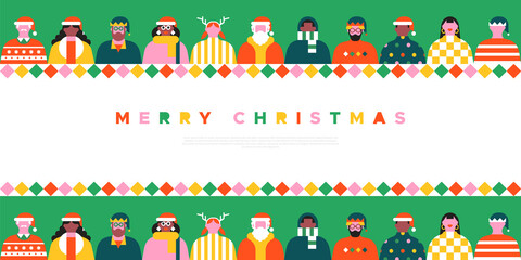 Diverse christmas people web template illustration. Colorful xmas party celebration flat cartoon invitation banner. Geometric style funny winter season group, holiday character greeting card.	
