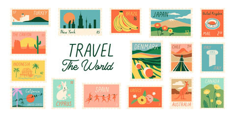 Vintage world travel post card stamp illustration. Retro style international country landscape postage sticker, famous landmark mail postmark, tourism city view postal label.   © Dedraw Studio