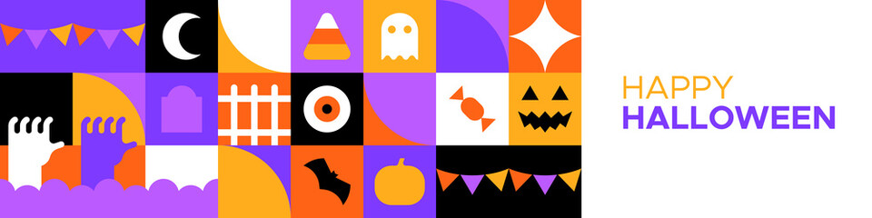 Happy halloween geometric mosaic web template illustration. Modern flat october holiday cartoon icon background, fun costume party online invitation. Spooky internet event banner.	
