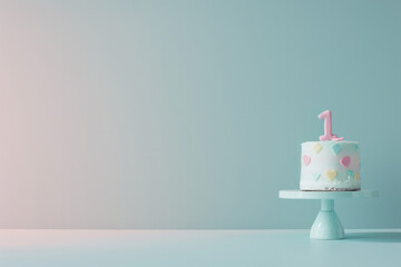 A minimalist image featuring a first birthday cake positioned on the right. The cake has pastel decorations and a '1' topper, with a soft, solid background and empty space on the left