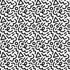 Fun black and white abstract line doodle seamless pattern. Creative minimalist style art background for children or trendy design with basic shapes. Simple childish scribble backdrop.	
