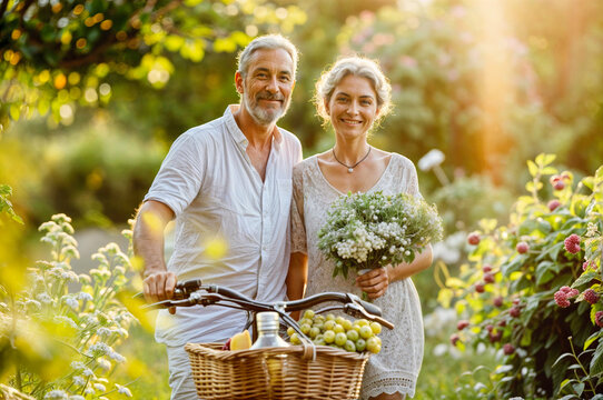 Senior couple with bike, picnic basket. Happy mature people with bicycle. Adult family outside. Woman with summer flower, elderly man on nature background. Healthy park lifestyle. Cycle vintage garden
