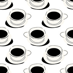 Black and white hand drawn coffee mug seamless pattern. Breakfast caffeine drink cup background illustration. Energy beverage, espresso hot drink wallpaper texture.	
