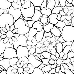 Black and white flower art seamless pattern. Retro floral nature shape background illustration. Natural organic plant leaves artwork wallpaper print. Vintage spring texture.	
