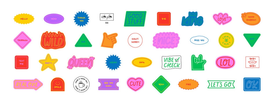 Naklejki Set of fun colorful sticker illustration. Retro 90s style hand drawn doodle quote label collection, funny chat text icon with modern slang and positive words. Isolated flat cartoon clip art bundle.  