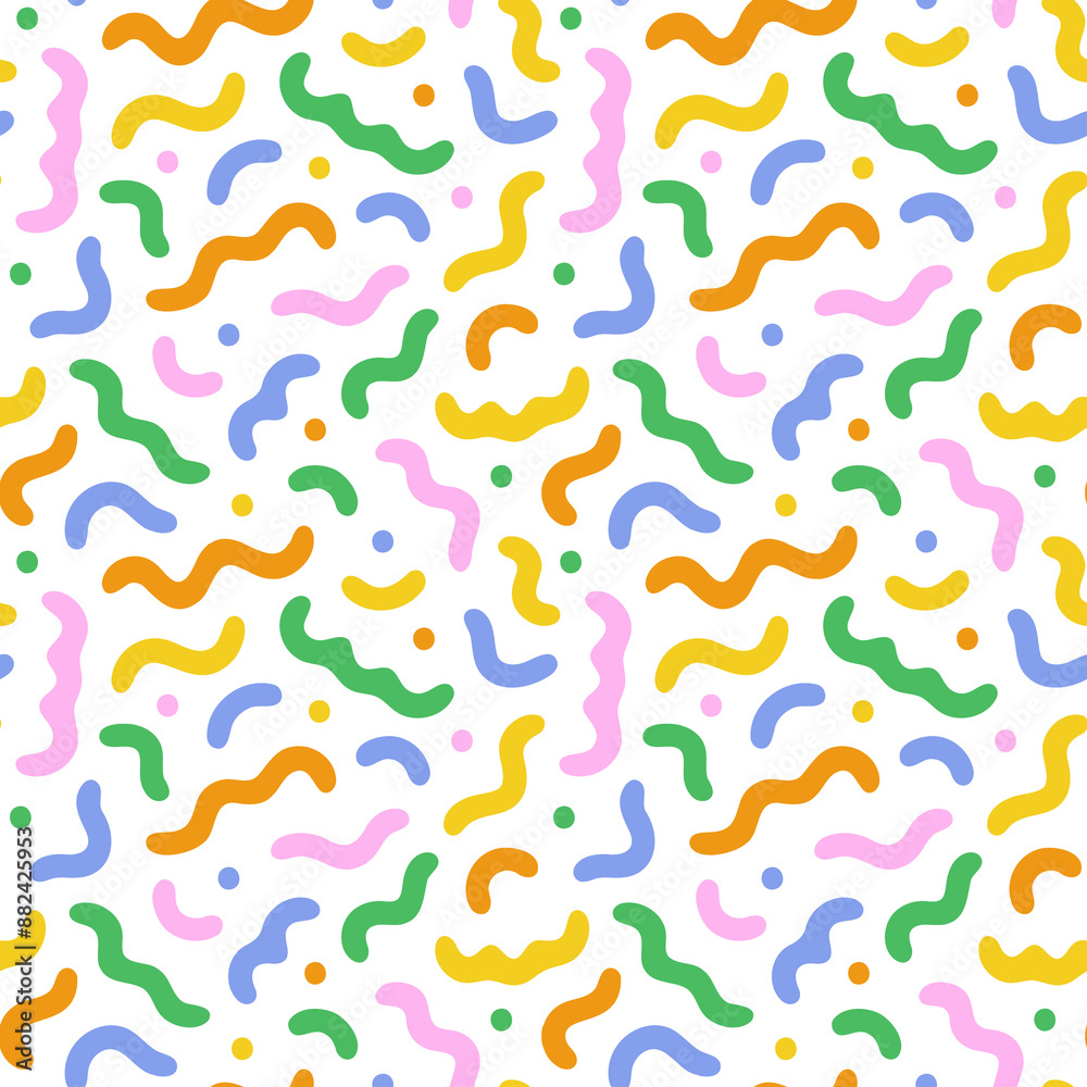 Poster Fun colorful line doodle seamless pattern. Creative abstract style art symbol background for children or celebration design with basic shapes. Simple childish scribble wallpaper print.	

