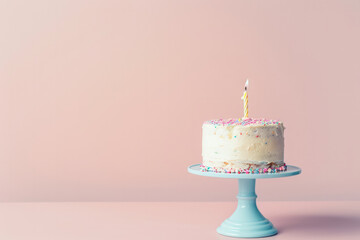 A minimalist image featuring a first birthday cake positioned on the right. The cake has pastel decorations and a '1' topper, with a soft, solid background and empty space on the left
