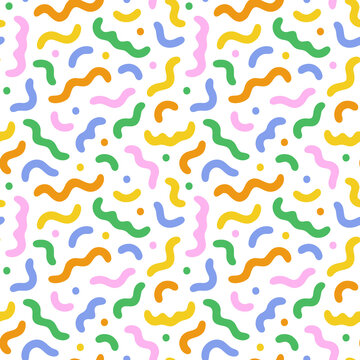 Fun colorful line doodle seamless pattern. Creative abstract style art symbol background for children or celebration design with basic shapes. Simple childish scribble wallpaper print.	
