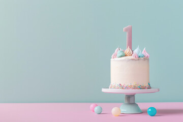 A minimalist image featuring a first birthday cake positioned on the right. The cake has pastel decorations and a '1' topper, with a soft, solid background and empty space on the left