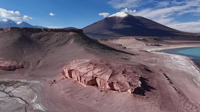 Aerial view of land near dormant Ojos del Salado volcano South America majestic nature. Bird's-eye view terrain by Ojos del Salado volcano South America grandeur environment of Chilean volcanic area.