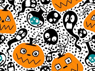 Fototapeta premium Halloween pumpkins seamless monsters pattern for wrapping paper and fabric