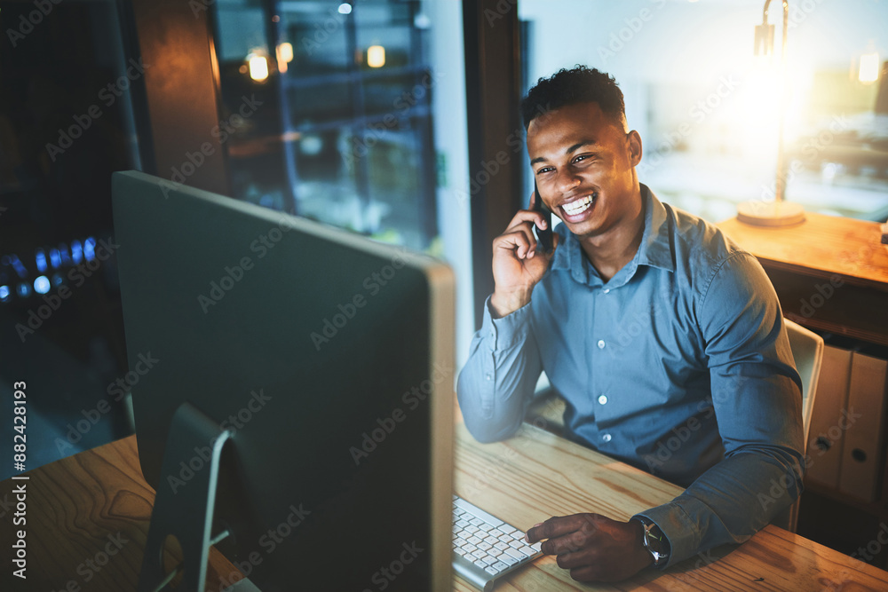 Poster night, desk and black man at computer with phone call, connection and lead generation at tech startu