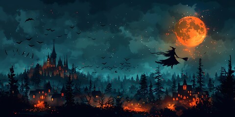 Obraz premium A witch flying on a broomstick over a spooky village on Halloween night