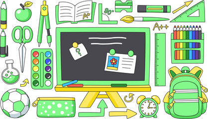 School elements collection, stationery, , school bus and more. Vector doodle collection, white background.