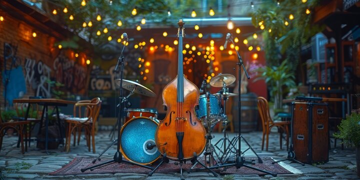Jazz instruments on outdoor stage for National Jazz Day, August 14th, lively music setup, night lights, cultural celebration
