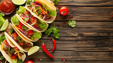 
Delicious tacos with vegetables, meat, and sauce on a wooden table with lime and chili peppers, with copy space 