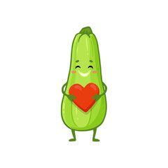 Cute green zucchini character with red heart. Vegetable illustration. Cartoon zucchini in flat style. Food illustration for kids. Vector