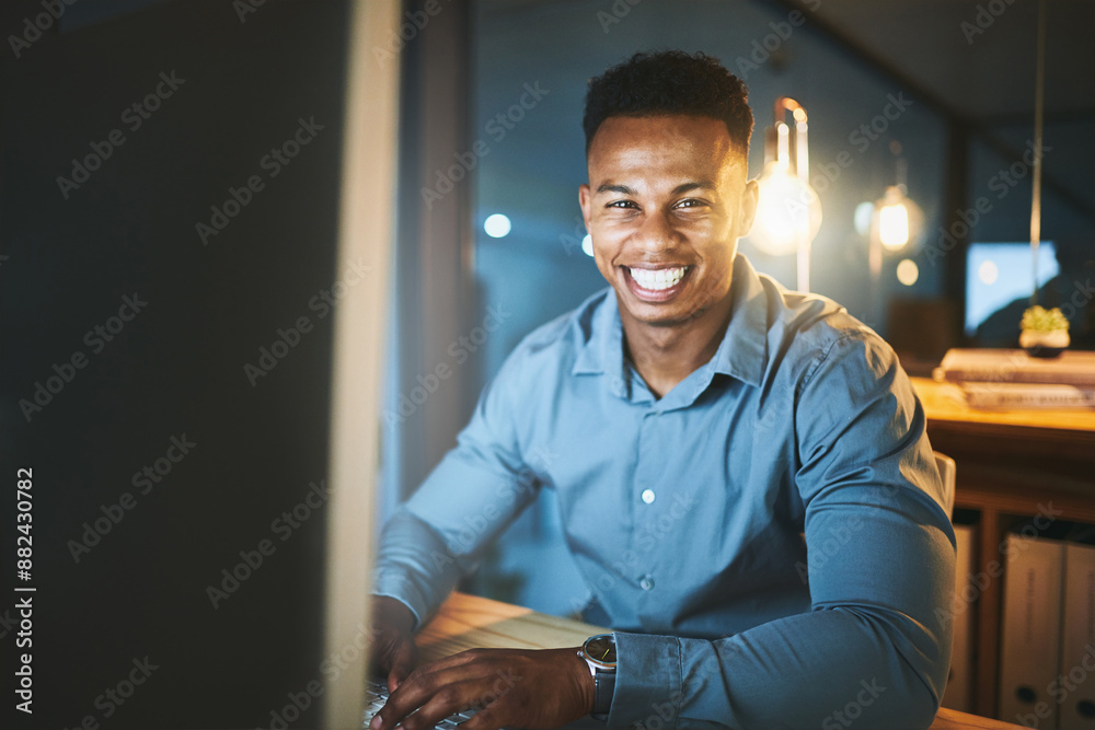 Poster night, desk and portrait of black man at computer with smile, happy and overtime at tech startup. re
