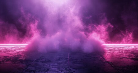 Fototapeta premium Pink Neon Lights Illuminate Foggy Concrete Floor