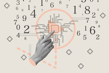 Collage de una mano color mediotono señalando con el dedo a un dispositivo de conexión y un botón de play sobre un fondo gris claro. Vista de frente y de cerca. Copy space