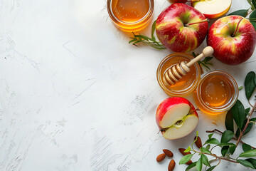 A beautiful Rosh Hashana image with apples, traditional symbols of the Jewish holiday. White background with copy space. Top view