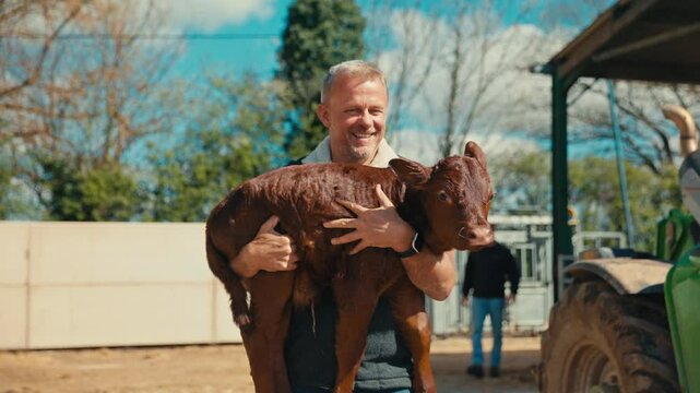 Mature male farm worker carrying young calf across farmyard - shot in slow motion
