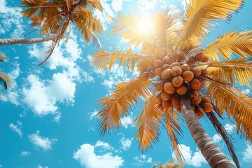 A tropical scene with a coconut palm tree and a bunch of coconuts hanging high above. 