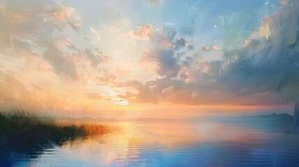 Fototapeta premium A rectangle painting of a natural landscape featuring a lake with a beautiful sunset in the background. The sky is filled with cumulus clouds, creating a stunning art piece